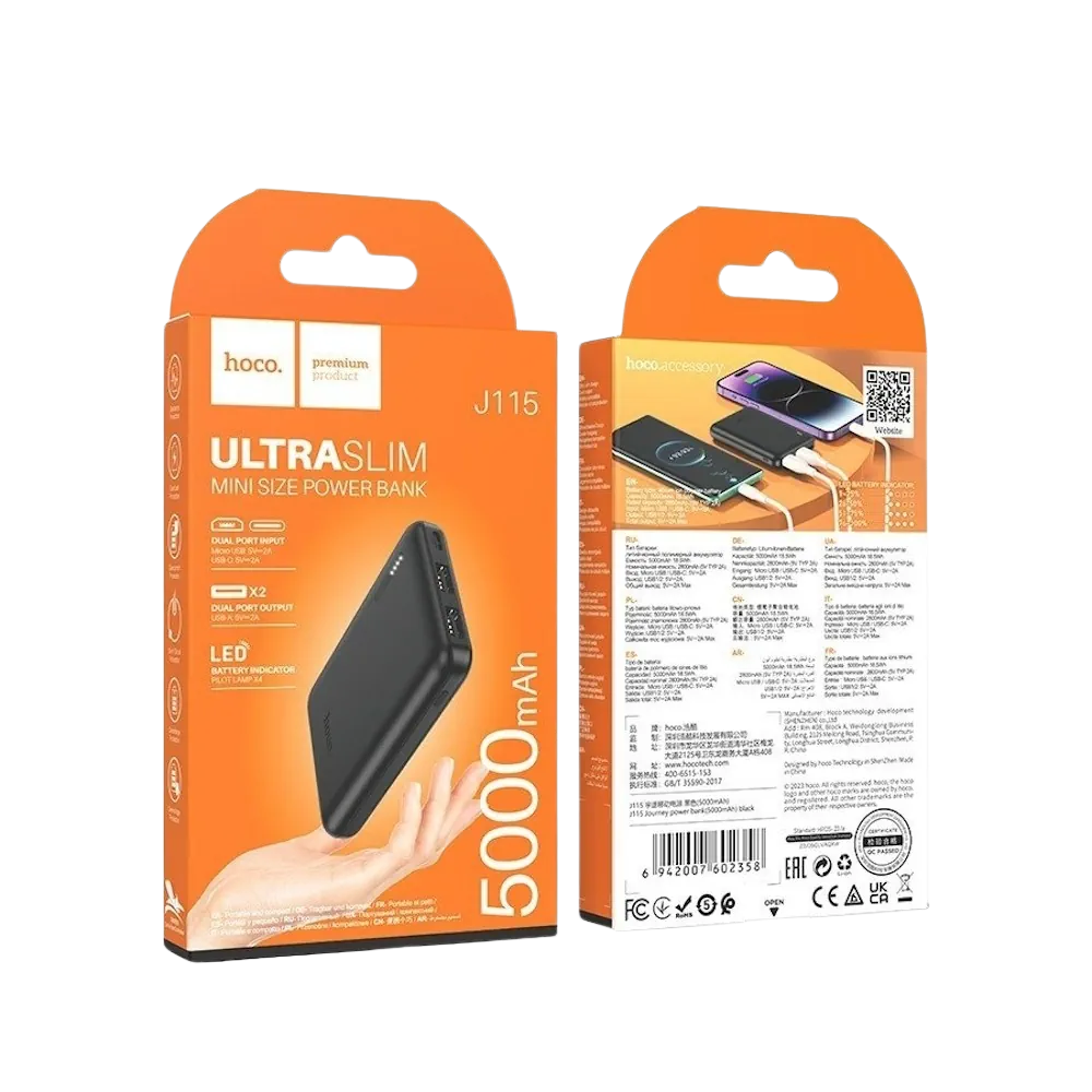 Hoco J115 Ultra Slim Mini Power Bank 5000 mAh Black