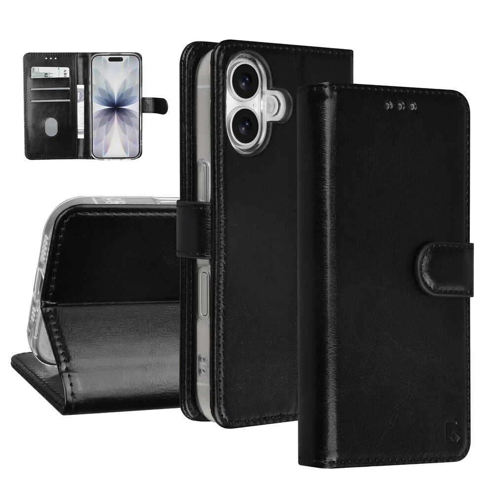 TUNIQ iPhone 17 Book Type Case - Card Holder For 3 Cards - Magnetic Closure - Hanger - Black
