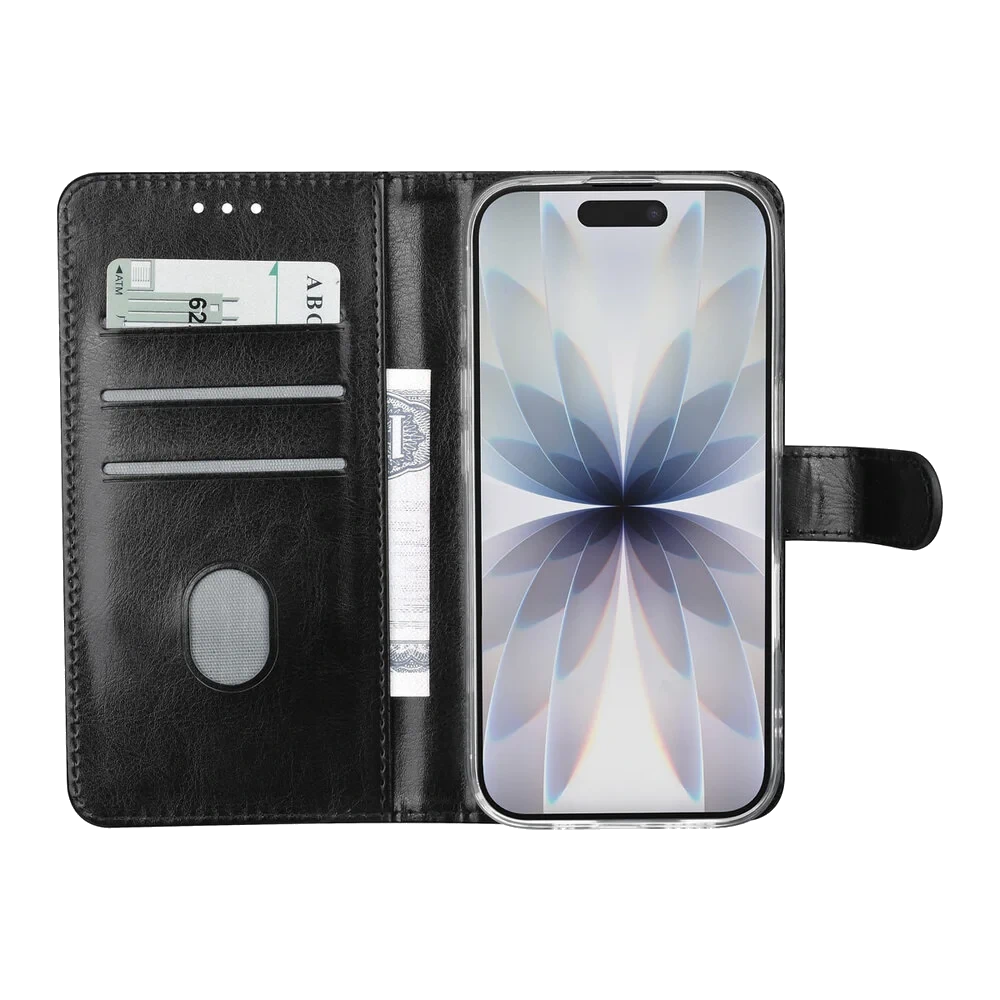 TUNIQ iPhone 17 Book Type Case - Card Holder For 3 Cards - Magnetic Closure - Hanger - Black