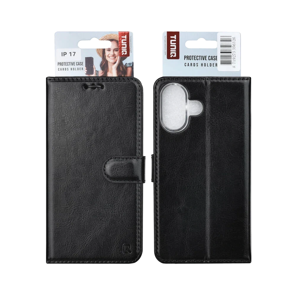 TUNIQ iPhone 17 Book Type Case - Card Holder For 3 Cards - Magnetic Closure - Hanger - Black