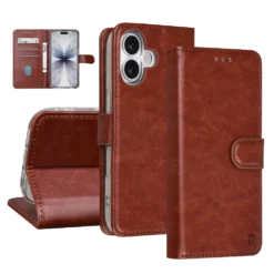 TUNIQ iPhone 17 Book Type Case - Card Holder For 3 Cards - Magnetic Closure - Hanger - Brown
